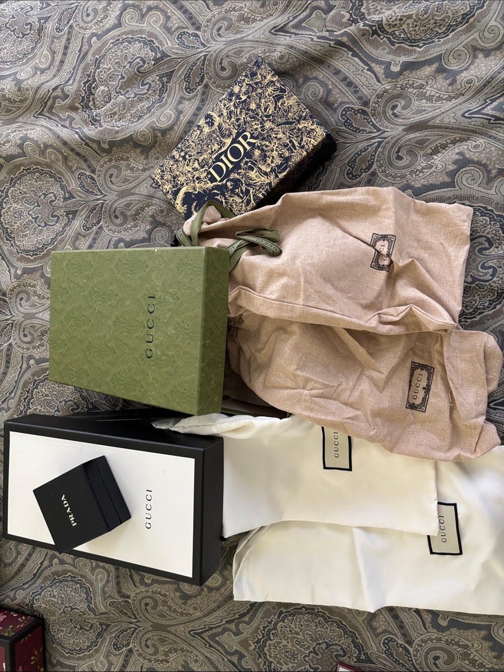 Gucci Packaging Set with Green Box, Pink Dust Bags and White Shoe Bags